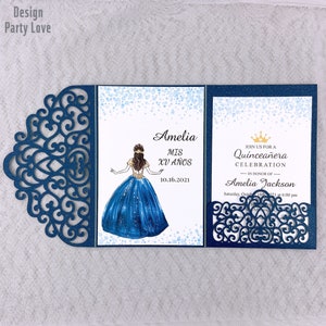 Romantische dunkle Marine Laser geschnitten Hochzeit lädt, Floral LaserTasche mit kundenspezifischen Einsatz &RSVP-Karte "Free Infinite Design before Pay"