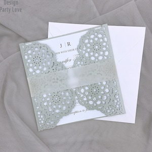 Tarjeta de invitación de boda cortada con láser gris, tarjeta de felicitación, personalizable con banda para el vientre, decoración para cumpleaños, bodas, suministros para fiestas