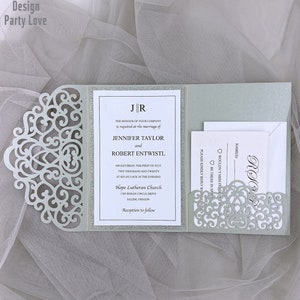 Romantische graue Laser cut HochzeitSeinladungen, florale Lasertasche mit individueller Einlage&RSVP Karte {Free Infinite Design before Pay}