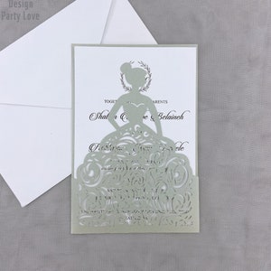 Gris XV chica corte láser invitaciones, Quinceañera chica en invitación de vestido, brillo único Quinceañera dulce 16 invitación