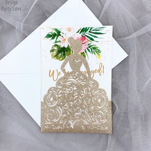 Invitaciones cortadas con láser para chica XV de champán con purpurina, Invitación de chica con vestido de quinceañera, Invitación única de quinceañera con purpurina para dulces 16
