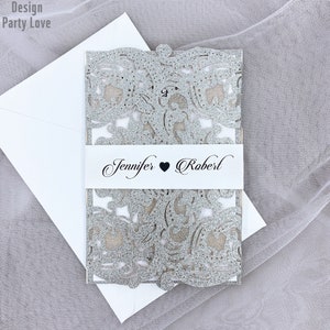 Cartão de convite de casamento europeu high-end, glitter, prata, laser, floral, dourado, metálico, suporte, noivado, batismo, convites