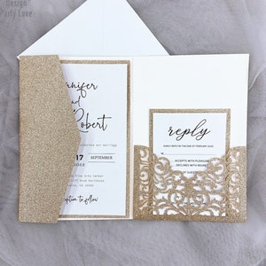 Royal Glitter Rose Gold Pocket Envelop Laser Cut Tri-fold Burgundy pocket fold Wedding Invitation Card pocket Invite envelope RSVP