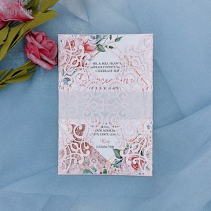 Blush Lace Laser Cut Wedding Invitation gepersonaliseerd met enveloppen Trouwdag Bridal Shower Quinceanera