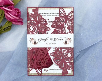 Vinröd fjäril laserskurna inbjudningskort inbjudan quinceanera inbjudan sweet sixteen inbjudan babyshower