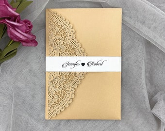 Fold Dark Gold Wedding Invitations Cards Tri fold Laser Cut Invitation invite Envelopes Sweet 16 Quinceañera Party Invitation