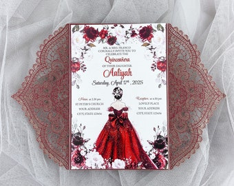 May include: A red and white Quinceañera invitation with a floral design and a drawing of a young woman in a red dress. The text reads "MR. & MRS. FRANCO CORDIALLY INVITE YOU TO CELEBRATE THE QUINCEAÑERA OF THEIR DAUGHTER AALIYAH Saturday, April 17th, 2025".