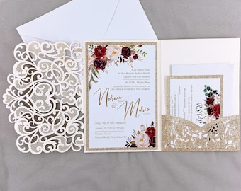 The Modern Touch-Glitter Rose Gold Laser Cut Pocket Fold With Floral And Geometric Invitation with envelop Sweet 16 / Quinceañera Party