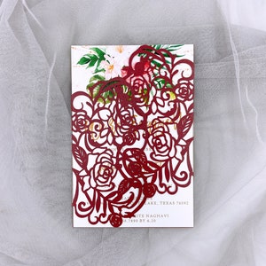 Rose Laser Cut Gatefold - Burgundy Wedding Invitation - Marsala Lasercut Map - DIY Wedding Invitation