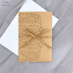 DIY Dunkel Gold Tri-fold Laser geschnitten Hochzeit lädt mit RSVP-Karte und Umschlag "Free Infinite Design vor dem Bezahlen"