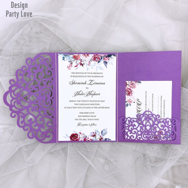 Romantic Purple Laser Cut Wedding Invites, Floral Laser Pocket With Customized Insert&RSVP Card {Free Infinite Design Before Pay}