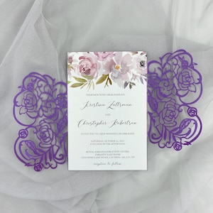 Rose Laser Cut Gatefold - Purple Wedding Invitation - Marsala Lasercut Map - DIY Wedding Invitation