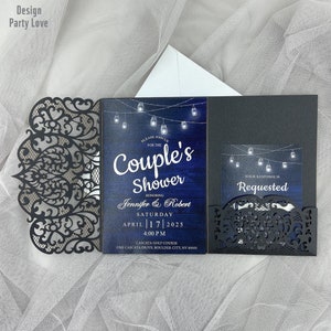 DIY 黒三つ折りレーザーカット結婚式招待状（RSVP カードと封筒付き）{お支払い前に無制限のデザインを無料で提供}