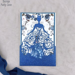 Glitter Royal Blue Jurk Laser Cut Uitnodigingen Kaarten Uitnodiging Quinceanera uitnodiging Sweet sixteen uitnodiging Baby Shower