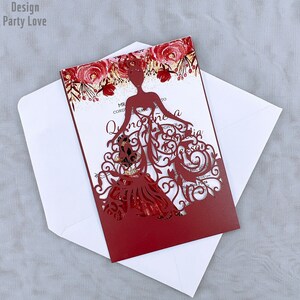 Abito Bordeaux Taglio laser Inviti Biglietti Invito Quinceanera invito Dolce sedici invito Baby Shower