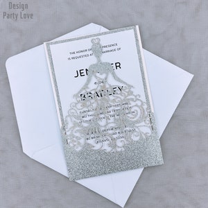 Glitter Zilveren Jurk Laser Cut Uitnodigingen Kaarten Uitnodiging Quinceanera uitnodiging Sweet sixteen uitnodiging Baby Shower