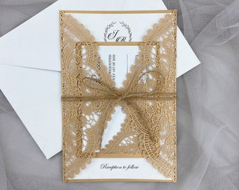 Gold Lace Wedding Invitation Laser cut Lace Wedding Invitations Gold elegant wedding invitations Quinceañera Sweet 16 Invitation