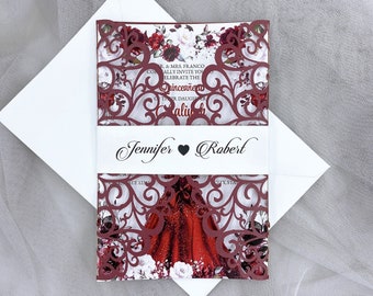 Quinceanera Burgundy Laser Cut Wedding Invitation Card Printing Sweet 16 Invitation Greeting Cards Wedding Decoration