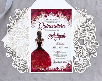 May include: A red and gold Quinceañera invitation with a floral design. The invitation features a drawing of a young woman in a red dress and a crown. The text on the invitation reads "Quinceañera" and "Aaliyah". The date of the event is April 17th, 2025.