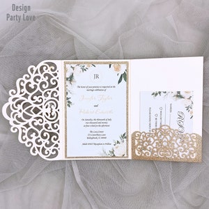 Romantischer Glitzer RoseGold Laser Cut HochzeitSeinladungen, Florale Lasertasche mit individuellem Einsatz &RSVP Karte {Free Infinite Design before Pay}