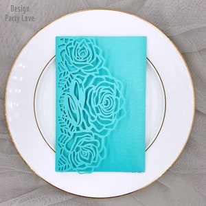 Sapphire blue Roses bruiloft uitnodiging met ringen, tri fold bruiloft uitnodiging, Quinceanera bloemen zak envelop, bruids douche uitnodiging