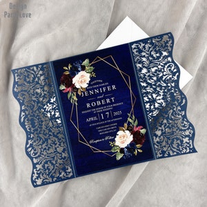 Dark Navy Laser Cut Hohl Hochzeitseinladungen Karten Hochzeit und Quinceanera Einladungen Geburtstagseinladungskarte Kostenloser Versand
