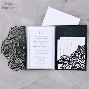 Black Roses bruiloft uitnodiging met ringen, tri fold bruiloft uitnodiging, Quinceanera bloemen zak envelop, bruids douche uitnodiging