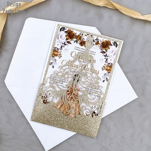 Glitter Champagne Jurk Laser Cut Uitnodigingen Kaarten Uitnodiging Quinceanera uitnodiging Sweet sixteen uitnodiging Baby Shower
