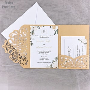 Elegante oro oscuro corte láser ser corte boda invita tarjetas tarjetas de felicitación personalizar el negocio con RSVP tarjetas decoran suministros de fiesta