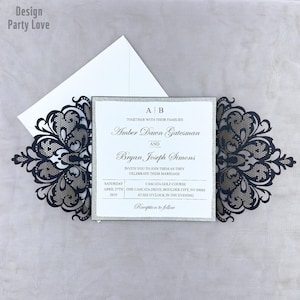 European Style Lace Hochzeit Einladungen Karten Schwarz Laser Grußkarte Bowbelt Hochzeit Verlobungsfeier Lieferant