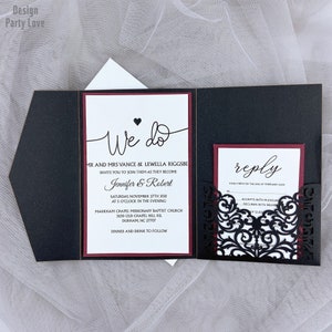Royal Black Pocket Envelope Laser Cut Tri-Fold Burgund Taschenfalte Hochzeitseinladung Kartentasche Invite Umschlag RSVP