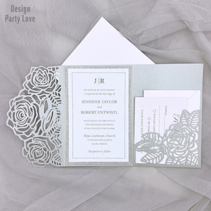 Grey Roses bruiloft uitnodiging met ringen, tri fold bruiloft uitnodiging, Quinceanera bloemen zak envelop, bruids douche uitnodiging