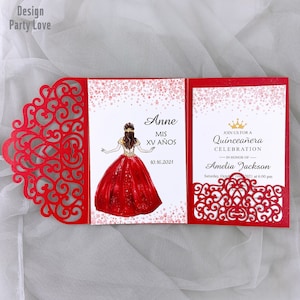 Romantische rote Laser-Cut-Hochzeit lädt ein, florale Laser-Tasche mit benutzerdefiniertem Einsatz und Antwortkarte