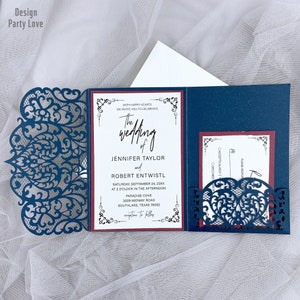 DIY Dark Navy Tri-fold Laser Cut Wedding Invita con tarjeta RSVP y sobre {Diseño infinito gratis antes de pagar}