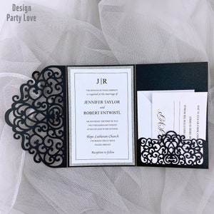 Romantische schwarze Laser geschnitten Hochzeit lädt, Floral Laser Tasche mit kundenspezifischen Einsatz &RSVP-Karte "Free Infinite Design vor der Bezahlung"