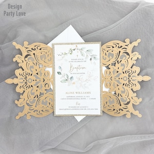 Cartão europeu de convite de casamento em ouro escuro de alta qualidade, laser floral, glitter dourado, convites para noivado e batismo