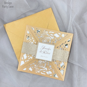 Dark Gold Color Square Glitter Laser Cut Wedding Uitnodiging met Envelope Party University Uitnodigingskaart
