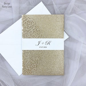 Laser gesneden huwelijksuitnodigingen glitter champagne, laser gesneden pocket huwelijksuitnodigingen elegant, bruiloft uitnodiging sets met buik band