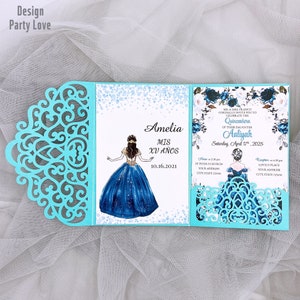 Romantische Saphir blau Laser geschnitten Hochzeit lädt, Floral LaserTasche mit kundenspezifischen Einsatz &RSVP-Karte "Free Infinite Design before Pay"