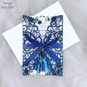 Quinceanera Dark Navy Laser Cut Hochzeitseinladungskarte Drucken Sweet 16 Einladung Grußkarten Hochzeitsdekoration