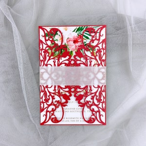 Invitación de boda de corte láser, invitaciones de boda de corte láser rojo e inserciones Quinceañera dulce 16 invitación