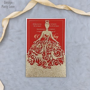 Glitter Gouden Jurk Laser Cut Uitnodigingen Kaarten Uitnodiging Quinceanera uitnodiging Sweet sixteen uitnodiging Baby Shower met Folie bedrukking
