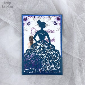 Dark Navy XV chica corte invitaciones, Quinceañera chica en invitación de vestido, brillo único Quinceañera dulce 16 invitación