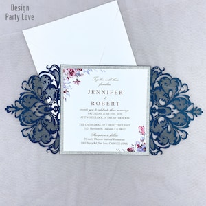 Estilo europeo encaje boda invitaciones tarjetas dark Navy Laser Greeting Card Bowbelt wedding Engagement Party Proveedor