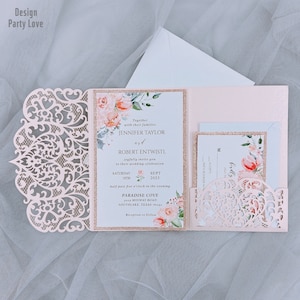 DIY Blush Tri-fold Laser cut Hochzeitseinladungen mit RSVP Karte und Umschlag {Free Infinite Design before pay}