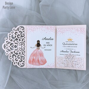 Romantische Blush Laser Cut HochzeitSeinladungen, Florale Lasertasche mit individuellem Einsatz &RSVP Karte {Free Infinite Design vor dem Bezahlen}