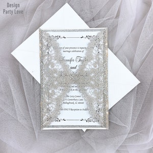 Glitzer Silber Spitze Hochzeitseinladung Laser geschnitten Spitze Hochzeitseinladungen elegante Hochzeitseinladungen Quinceañera Sweet 16 Einladung