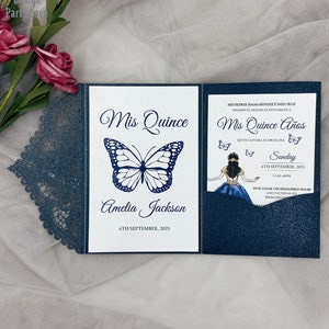 Vouw Dark Navy Wedding Invitations Kaarten Tri fold Laser Cut Invitation invite Envelopes Sweet 16 Quinceañera Party Invitation