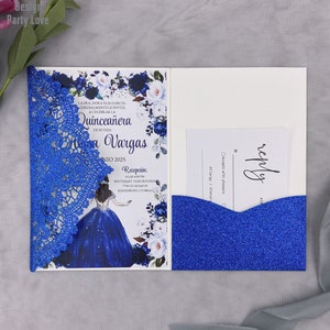 Fold Glitter Royal Blue Wedding Invitations Cards Tri fold Laser Cut Invitación invitación Sobres Sweet 16 Quinceañera Party Invitation