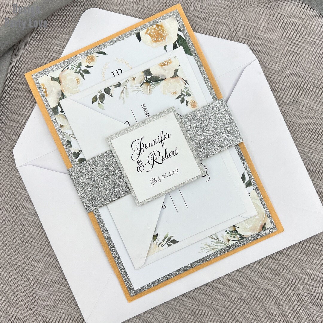 Silver Rattle Invitation Silver Glitter and Pearl White Invitation With Silver Glitter Belly ...